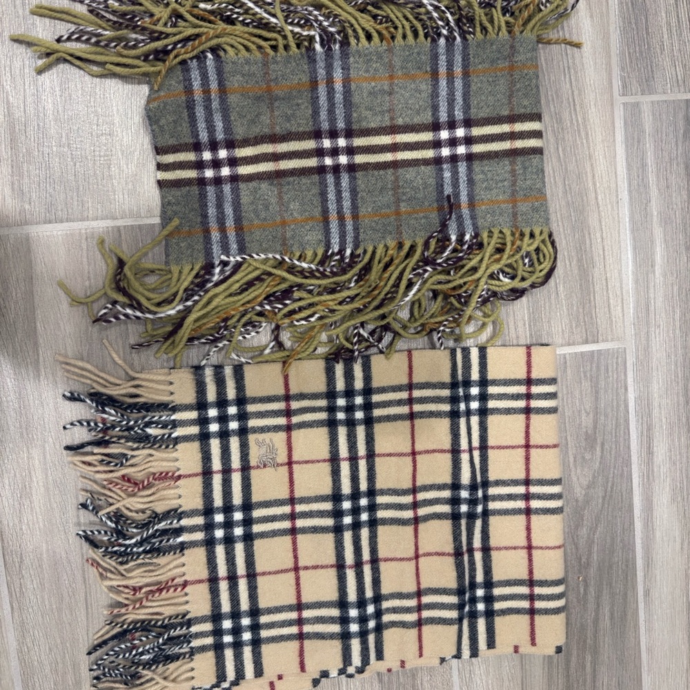 Burberry Plaid Scarves with Fringe in Green and Cream